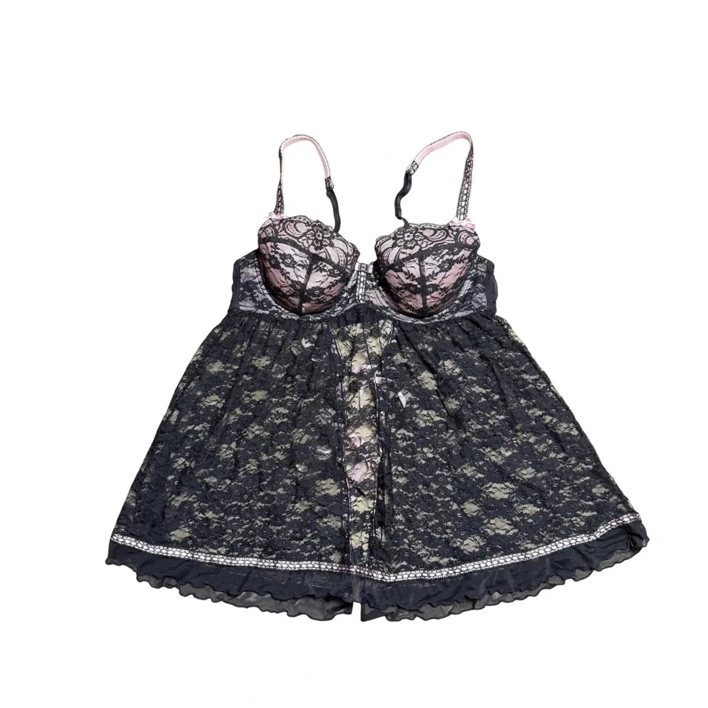 Jezebel Black Pink Lace Babydoll Chemise Lingerie